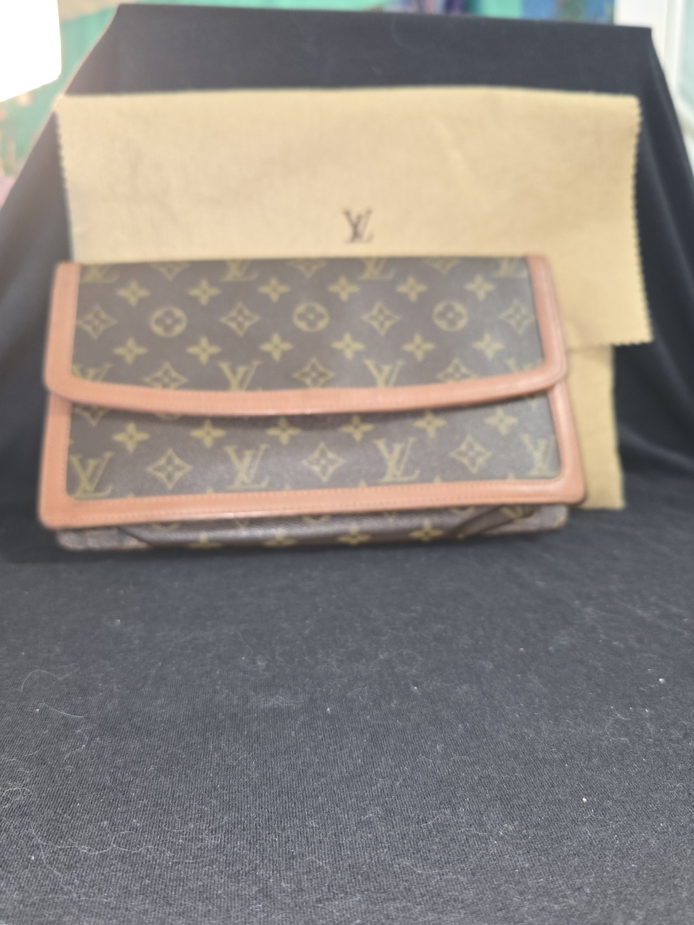 Vintage Louis Vuitton Brown Monogram Canvas Clutch with Tan Trim